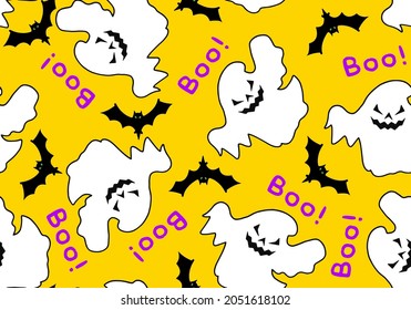 Abstract Hand Drawing Cute Halloween Ghosts and Bats with Boo Text Seamless Vector Pattern Isolated Golden Yellow Background