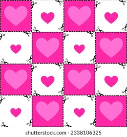 Abstract Hand Drawing Cute Hearts with Dashed Lines Scissors Seamless Plaid Checkered Stickers Vector Pattern Isolated Background 