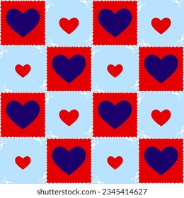 Abstract Hand Drawing Cute Hearts with Dashed Lines Scissors Seamless Plaid Checkered Stickers Vector Pattern Isolated Background 