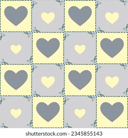 Abstract Hand Drawing Cute Hearts with Dashed Lines Scissors Seamless Plaid Checkered Stickers Vector Pattern Isolated Background 
