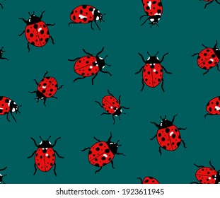 Abstract Hand Drawing Cute Ladybugs Repeating Vector Pattern Isolated Background