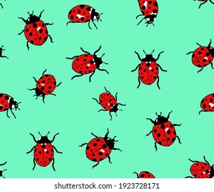 Abstract Hand Drawing Cute Ladybugs Repeating Vector Pattern Isolated Background