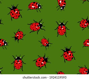 Abstract Hand Drawing Cute Ladybugs Repeating Vector Pattern Isolated Background