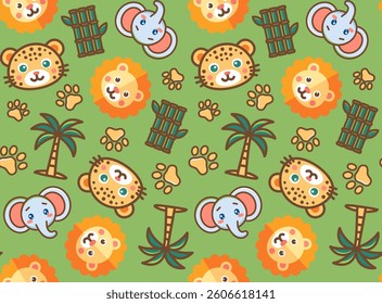 Abstract Hand Drawing Cute Leopard Lion Elephant Mix Animals Seamless Baby Vector Pattern Isolated Background