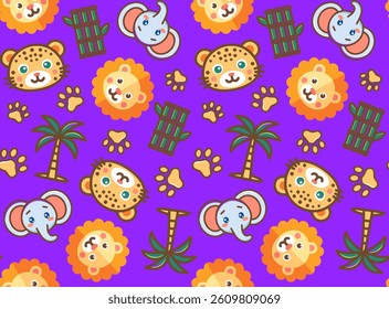 Abstract Hand Drawing Cute Leopard Lion Elephant Mix Animals Seamless Baby Vector Pattern Isolated Background