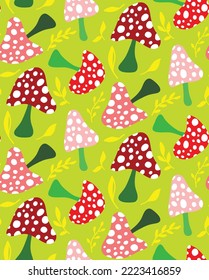 Abstract Hand Drawing Cute Mushrooms and Leaves Seamless Vector Pattern Isolated Background