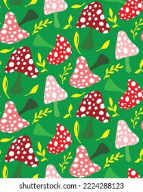 Abstract Hand Drawing Cute Mushrooms and Leaves Seamless Vector Pattern Isolated Background