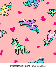 Abstract Hand Drawing Cute Pony Horses and Hearts Seamless Vector Pattern Isolated Background