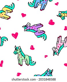 Abstracto Dibujo A Mano Cute Pony Horses y Corazones Patrón Vector sin Maravilla Fondo Aislado