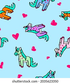 Abstract Hand Drawing Cute Pony Horses and Hearts Seamless Vector Pattern Isolated Background