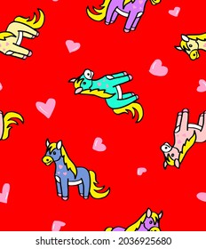 Abstract Hand Drawing Cute Pony Horses and Hearts Seamless Vector Pattern Isolated Background
