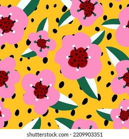 Abstract Hand Drawing Cute Pop Art Retro Flowers and Leaves Seamless Vector Pattern with Isolated Dotted Background