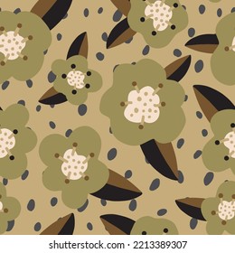 Abstract Hand Drawing Cute Pop Art Retro Flowers and Leaves Seamless Vector Pattern with Isolated Dotted Background