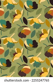 Abstract Hand Drawing Cute Poppy Flowers and Leaves Seamless Vector Pattern Isolated Background