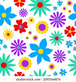 Abstract Hand Drawing Cute Retro Mix Flowers Doodles Seamless Vector Pattern Isolated Background