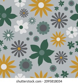 Abstract Hand Drawing Cute Retro Mix Flowers Doodles Seamless Vector Pattern Isolated Background