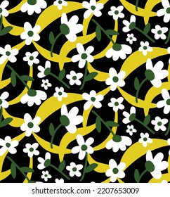 Abstract Hand Drawing Cute Retro Daisy Flowers and Leaves Seamless Vector Pattern with Geometric Wavy Strokes Isolated Background