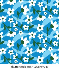 Abstracto Dibujo Mano Cuto Flores de margarita retro y hojas patrón vectorial sin soldadura con trazos ondulados geométricos Fondo aislado