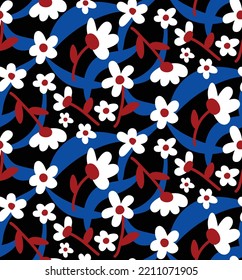 Abstract Hand Drawing Cute Retro Daisy Flowers and Leaves Seamless Vector Pattern with Geometric Wavy Strokes Isolated Background