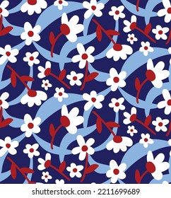 Abstracto Dibujo Mano Cuto Flores de margarita retro y hojas patrón vectorial sin soldadura con trazos ondulados geométricos Fondo aislado