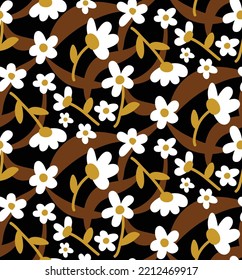Abstracto Dibujo Mano Cuto Flores de margarita retro y hojas patrón vectorial sin soldadura con trazos ondulados geométricos Fondo aislado
