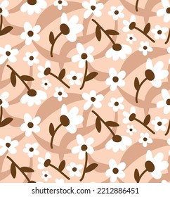 Abstract Hand Drawing Cute Retro Daisy Flowers and Leaves Seamless Vector Pattern with Geometric Wavy Strokes Isolated Background