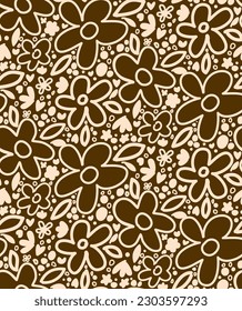 Abstract Hand Drawing Cute Retro Daisy Flowers and Dots Seamless Baby Vector Pattern Isolated Background