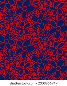 Abstract Hand Drawing Cute Retro Daisy Flowers and Dots Seamless Baby Vector Pattern Isolated Background