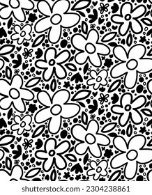 Abstract Hand Drawing Cute Retro Daisy Flowers and Dots Seamless Baby Vector Pattern Isolated Background