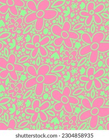 Abstract Hand Drawing Cute Retro Daisy Flowers and Dots Seamless Baby Vector Pattern Isolated Background