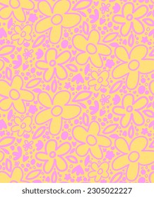 Abstract Hand Drawing Cute Retro Daisy Flowers and Dots Seamless Baby Vector Pattern Isolated Background