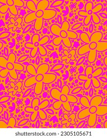 Abstract Hand Drawing Cute Retro Daisy Flowers and Dots Seamless Baby Vector Pattern Isolated Background