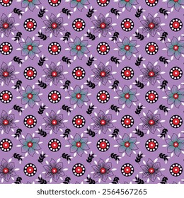 Abstract Hand Drawing Cute Retro Mix Flowers Doodles Seamless Vector Pattern Isolated Background