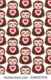 Abstract Hand Drawing Cute Sloth Animals and Hearts Seamless Vector Pattern Isolated Background