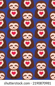 Abstract Hand Drawing Cute Sloth Animals and Hearts Seamless Vector Pattern Isolated Background