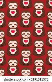 Abstract Hand Drawing Cute Sloth Animals and Hearts Seamless Vector Pattern Isolated Background