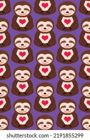 Abstract Hand Drawing Cute Sloth Animals and Hearts Seamless Vector Pattern Isolated Background