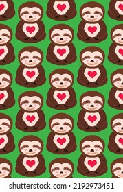 Abstract Hand Drawing Cute Sloth Animals and Hearts Seamless Vector Pattern Isolated Background