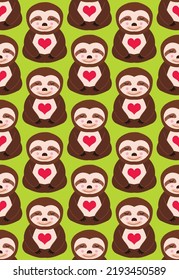 Abstract Hand Drawing Cute Sloth Animals and Hearts Seamless Vector Pattern Isolated Background