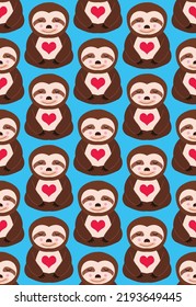 Abstract Hand Drawing Cute Sloth Animals and Hearts Seamless Vector Pattern Isolated Background