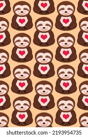 Abstract Hand Drawing Cute Sloth Animals and Hearts Seamless Vector Pattern Isolated Background