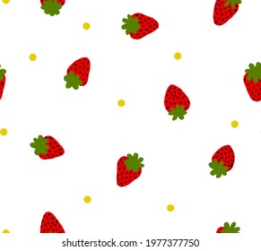 Abstract Hand Drawing Cute Strawberries and Dots Seamless Vector Pattern Isolated Background 