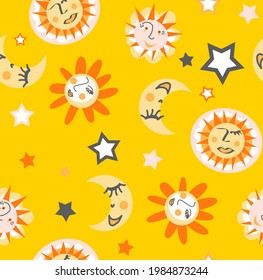 Abstract Hand Drawing Cute Suns Stars and Moons with Faces Seamless Vector Patten Isolated Background