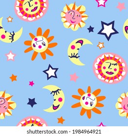 Abstract Hand Drawing Cute Suns Stars and Moons with Faces Seamless Vector Patten Isolated Background