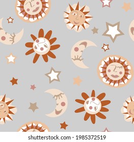 Abstract Hand Drawing Cute Suns Stars and Moons with Faces Seamless Vector Patten Isolated Background