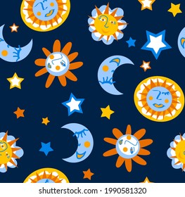 Resumen Dibujo a mano Cute Suns Stars and Moons con caras de fondo aislado de vectores sin costura