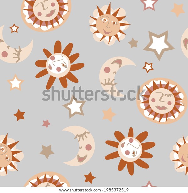 Abstract Hand Drawing Cute\
Suns Stars and Moons with Faces Seamless Vector Patten Isolated\
Background