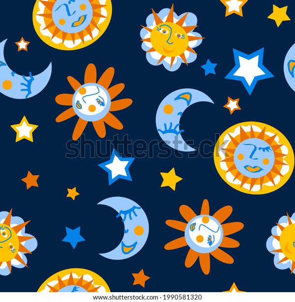 Abstract Hand Drawing Cute\
Suns Stars and Moons with Faces Seamless Vector Patten Isolated\
Background