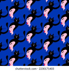 Abstract Hand Drawing Cute Woman Girl Silhouettes with Cats Seamless Vector Pattern Isolated Background