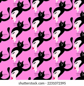 Abstract Hand Drawing Cute Woman Girl Silhouettes with Cats Seamless Vector Pattern Isolated Background